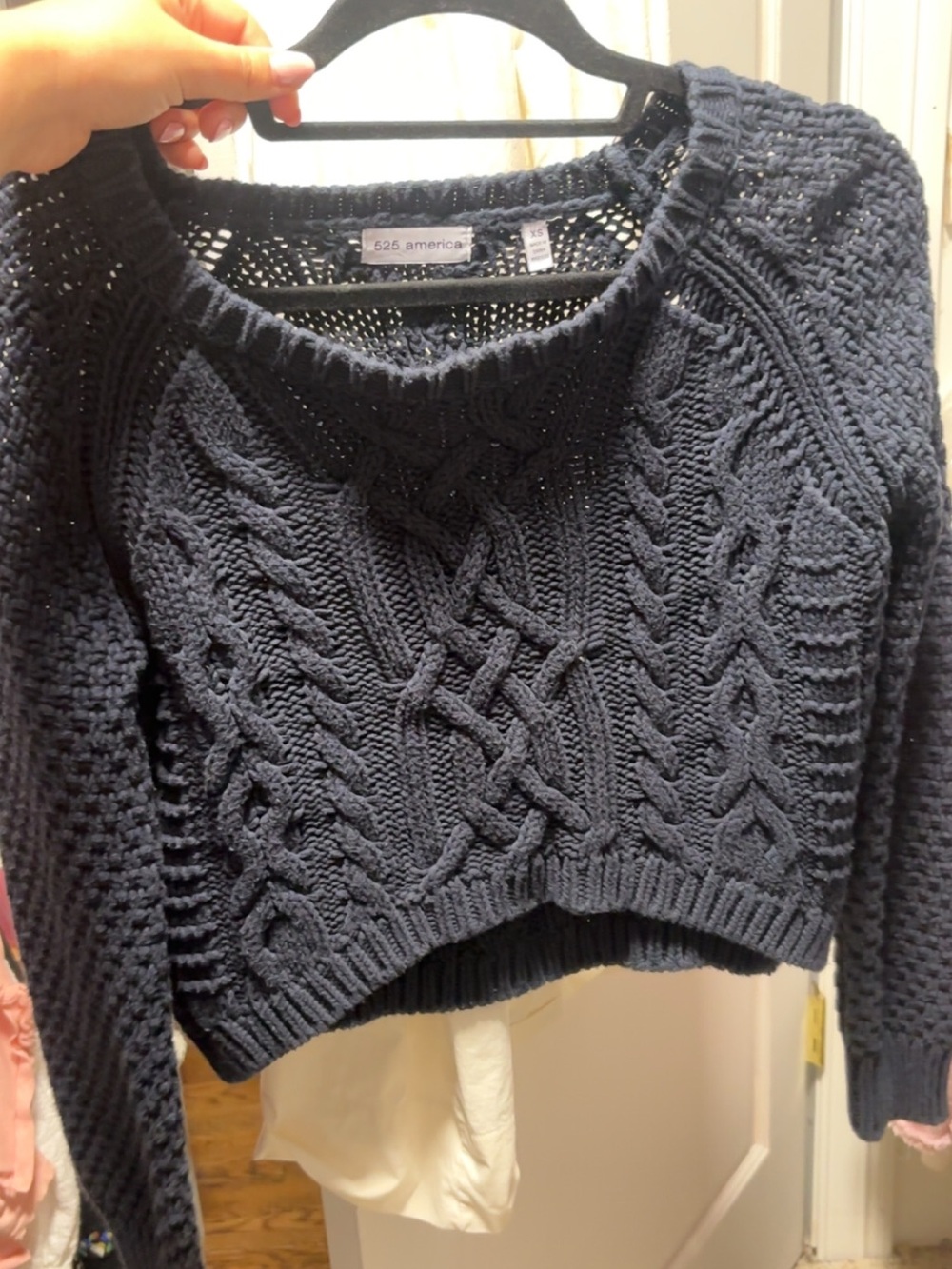 525 America Dark Navy Cable Knit Cropped Crew Sweater